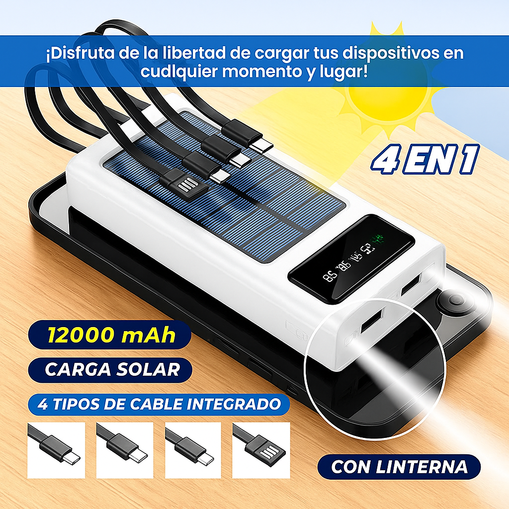 CARGADOR PORTATIL ECOPOWER CON PANEL SOLAR (4 EN 1)